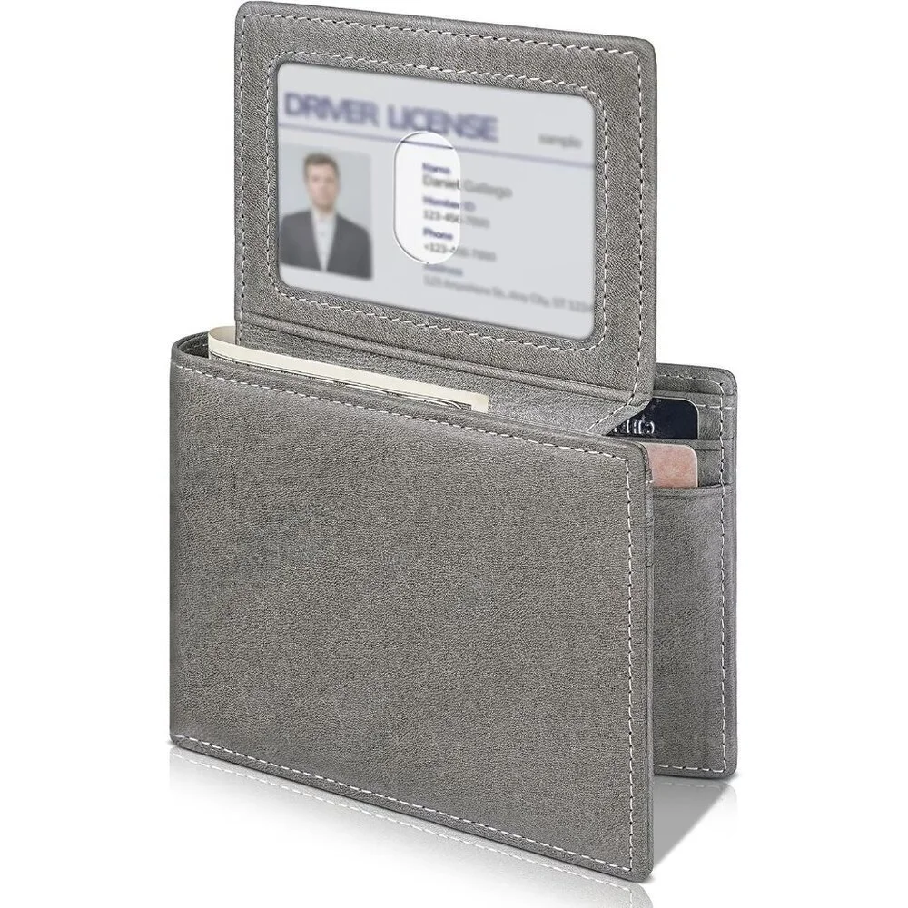 Men's Classic Bifold Wallet Card Gray Style Genuine Leather 2 Cash Pockets